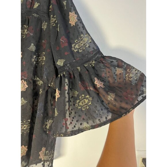 Lucky Brand Peasant Blouse Size L Black Sheer Floral Bell Sleeve Swiss Dot - Picture 6 of 6